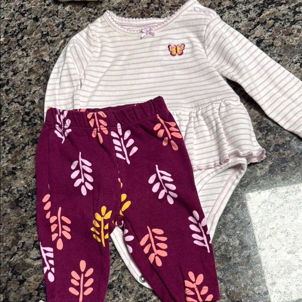 Striped Baby Onesie and Leaf Print Pants Set